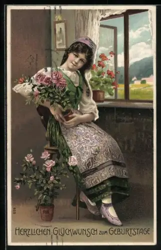 AK Dame in Tracht mit Rosen am Fenster