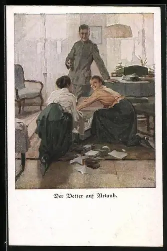 Künstler-AK Brynolf Wennerberg: Frauen kümmern sich um die Kleidung des Soldaten auf Urlaub