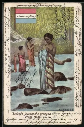 AK Indonesien, Badende javaansche vrouwen, Orang mandi, Indonesische Flagge