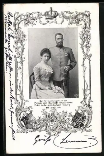 AK Vermählung der Prinzessin Mathilde von Bayern mit Prinz Ludwig von Sachsen-Coburg 1900, Wappen