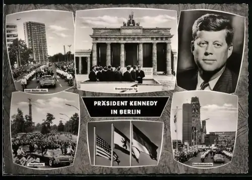 AK Berlin, Besuch von J. F. Kennedy, Präsident der USA, am Brandenburger Tor, Gedächtniskirche u. Siegessäule