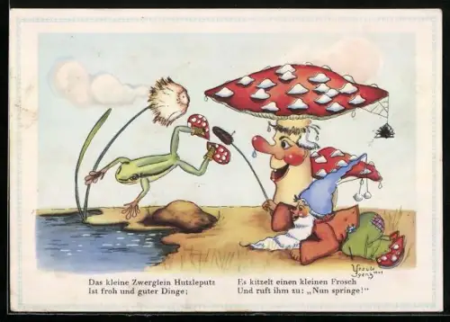 AK Fliegenpilz und Zwerg lassen einen Frosch ins Wasser springen