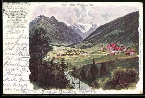 Künstler-AK F.A.C.M. Reisch: Fulpmes, Totalansicht mit Medraz und dem Hotel Stubai
