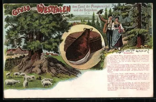 AK Liedtext zum Westfalenlied, Paar in Tracht, Schafe auf der Weide