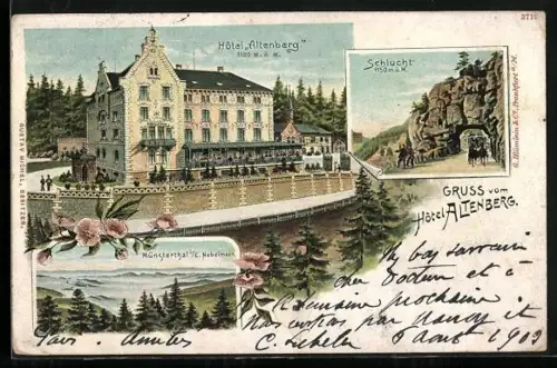 Lithographie Altenberg, Hotel, Münsterthal im Nebelmeer, Schlucht