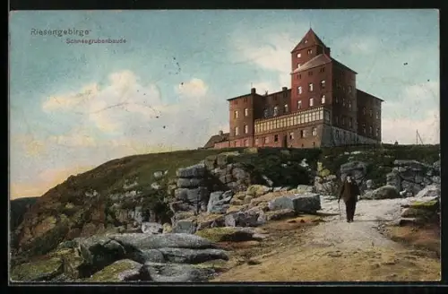 AK Schneegruben-Baude und Wanderer im Riesengebirge