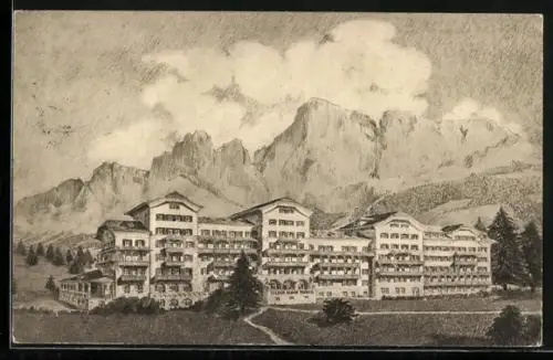 Künstler-AK Karersee, Panorama mit Hotel und Rosengartengruppe