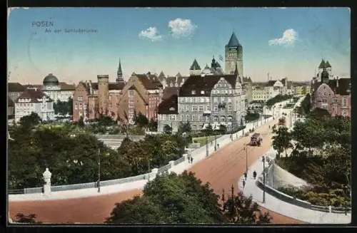 AK Posen-Poznan, Partie an der Schlossbrücke, Strassenbahn