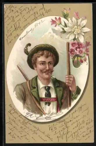 AK Wanderer in Tracht mit Edelweiss im Mund