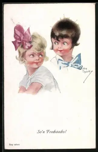 Künstler-AK Chicky Spark: So`n Frechdachs, Junge mit Fliege schaut auf Mädchen mit rotem Haarband