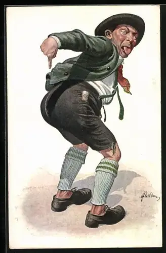 Künstler-AK Fritz Quidenus: Bayer streckt Zunge `raus und zeigt auf sein Hinterteil