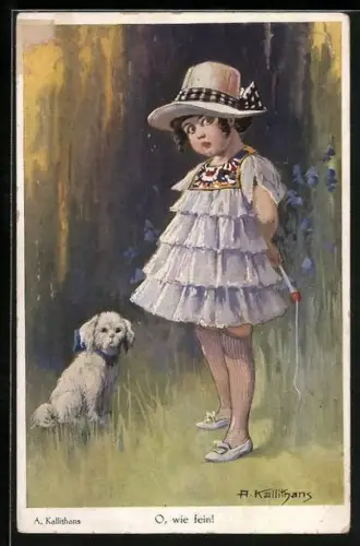 Künstler-AK A. Kallithans: O, wie fein, Mädchen im Kleid mit einem Terrier