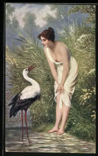 AK Frau begegnet Storch am Seeufer