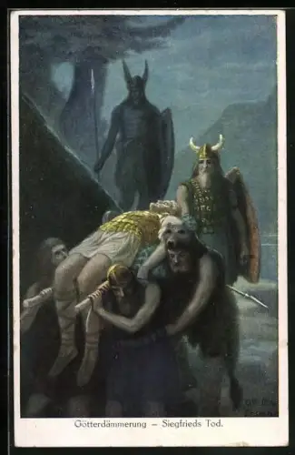 Künstler-AK Gd. P. v. Erlang: Götterdämmerung - Siegfrieds Tod, Oper