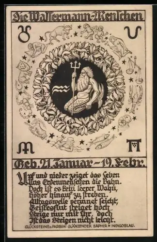 AK Sternzeichen Wassermann, Wassermann mit Dreizack im Kranz, die anderen Sternzeichen um diesen herum, Horoskop