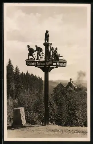 Foto-AK Bärental, geschnitzter Wegweiser