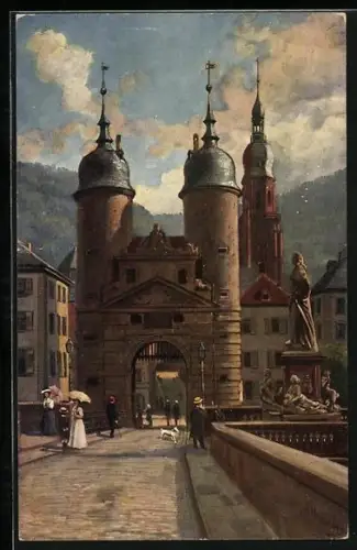 Künstler-AK Heinrich Hoffmann: Heidelberg, das Brückentor und Denkmal Karl Theodor auf der alten Neckarbrücke