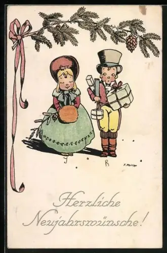Künstler-AK sign. F. Philipp: Paar mit Päckchen, Tannenzweig mit Tannenzapfen, Neujahrsgruss
