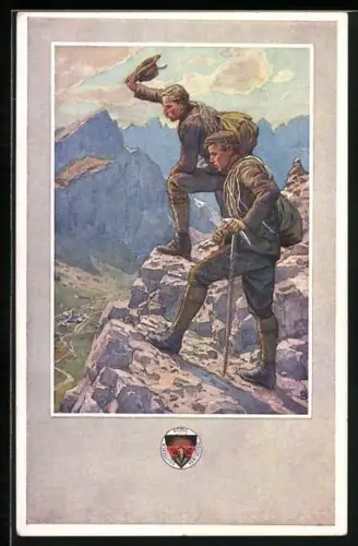 AK Deutscher Schulverein NR: 342, Zwei Wanderer auf einem Felsen