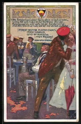 AK Deutscher Schulverein NR: 240, Burschen im Garten trinken Bier, Student küsst Frau