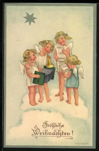 Künstler-AK Kerckhoff: Herzliche Weihnachtswünsche, vier kleine Engel beim Singen auf einer Wolke unter dem Stern