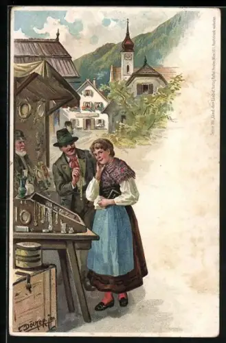 Künstler-AK E. Döcker: Mann und Frau bei einem Schmuckhändler