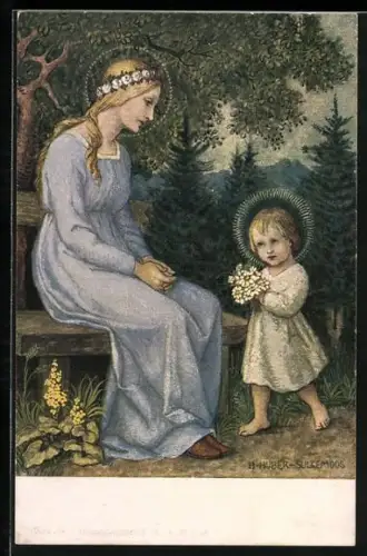 Künstler-AK H.Huber-Sulzemoos: Mutter mit Blumenkranz auf dem Kopf und Kind