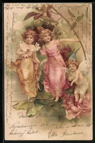 Lithographie Elfen stehen zwischen Pflanzen