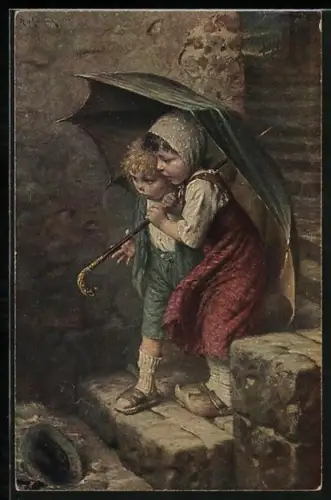 Künstler-AK Hermann Kaulbach: Vom Regen in die Traufe, Kinder mit Regenschirm laufen eine Treppe hinab