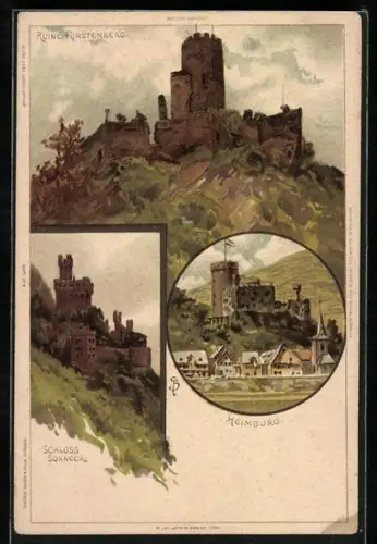 Künstler-Lithographie Ruine Fürstenberg, Schloss Sonneck, Heimburg