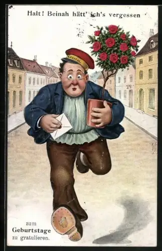 Künstler-AK Willi Scheuermann: Beinahe hätt' ich's vergessen!, Mann rennt mit Karte und Blumentopf