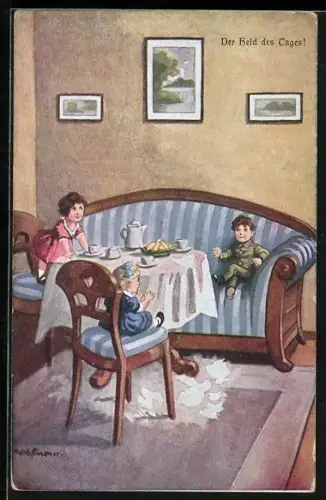 Künstler-AK Ad. Hoffmann: Der Held des Tages, Mädchen hängen einem kleinen Soldaten an den Lippen