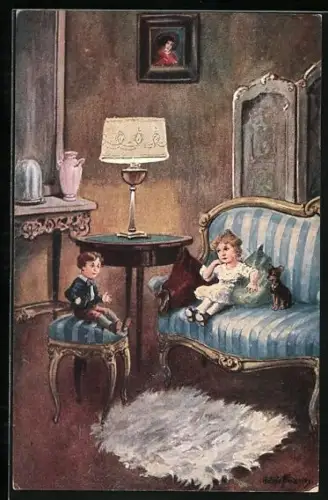 Künstler-AK Ad.Hoffmann: Unterhaltung zweier Kinder im Salon mit kleinem Hund