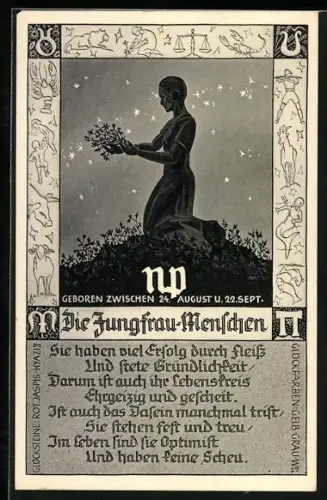 AK junge Frau pflückt Blumen im Licht der Sterne, Sternzeichen Jungfrau