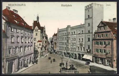 AK Regensburg, Haidplatz mit Strasse aus der Vogelschau, Brunnen, Turmgebäude