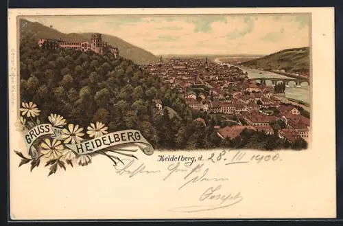 Lithographie Heidelberg, Panoramablick auf Stadt und Neckar