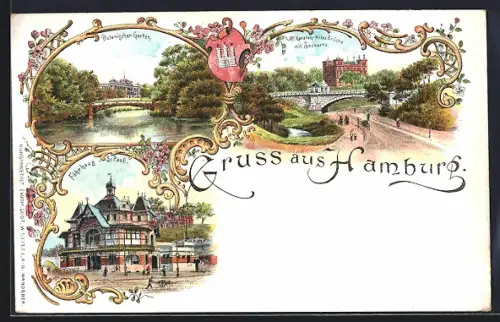 Lithographie Hamburg-St. Pauli, Fährhaus, Botanischer Garten, Karsten-Miles Brücke mit Seewarte