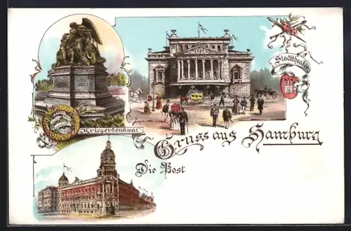 Lithographie Hamburg-Neustadt, Kriegerdenkmal und Stadttheater