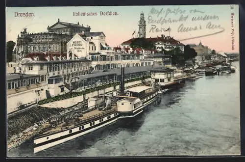 AK Dresden, Italienisches Dörfchen mit Gaststätte Helbigs Etablissement und Dampfer aus der Vogelschau