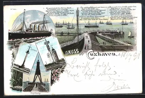 Lithographie Cuxhaven, Zeitball, Leuchtturm, Kugelbaake