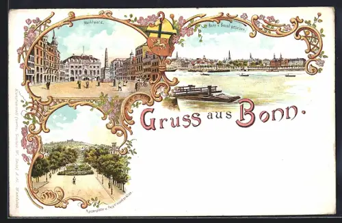 Lithographie Bonn, Kaiserplatz u. Poppelsdorfer Allee, Marktplatz, Panorama v. Beuel gesehen, Wappen