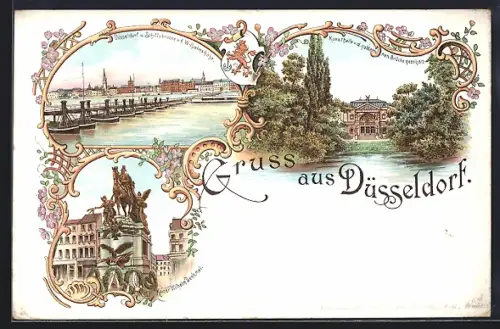Lithographie Düsseldorf, Kunsthalle v. d. goldenen Brücke aus, Stadt u. Schiffsbrücke, Wappen