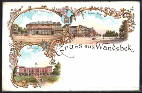 Lithographie Hamburg-Wandsbek, Hotel Wandsbeker-Hof, Neue Kaserne, Lübeker Strasse, Wappen