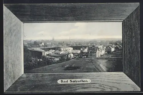 AK Bad Salzuflen, Fabrikanlage und Ortsansicht, im Holzrahmen