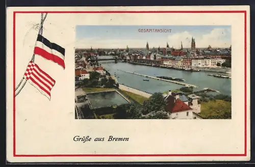 AK Bremen, Gesamtansicht mit Brücken u. Wasserbecken, Flaggen