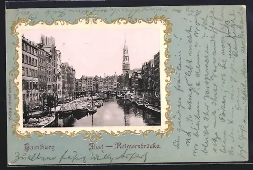 Präge-AK Alt-Hamburg, Fleet mit Reimersbrücke, Ornament-Rahmen