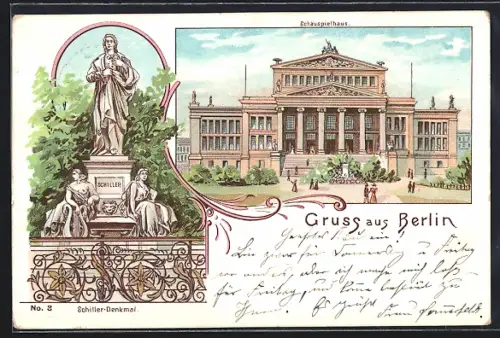 Lithographie Berlin, Schiller-Denkmal und Schauspielhaus, Gendarmenmarkt