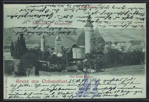 AK Ochsenfurt / Main, Der dicke Turm mit Taubenturm, Klingenthor und Bezirksamt