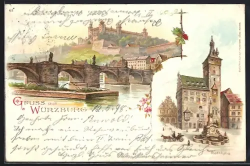 Lithographie Würzburg, Alte Mainbrücke m. Festung m Grafen Eckhardt-Turm u. Vierröhrenbrunnen