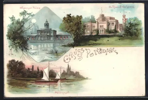Lithographie Potsdam, Marmor-Palais, Schloss Babelsberg, Pfaueninsel